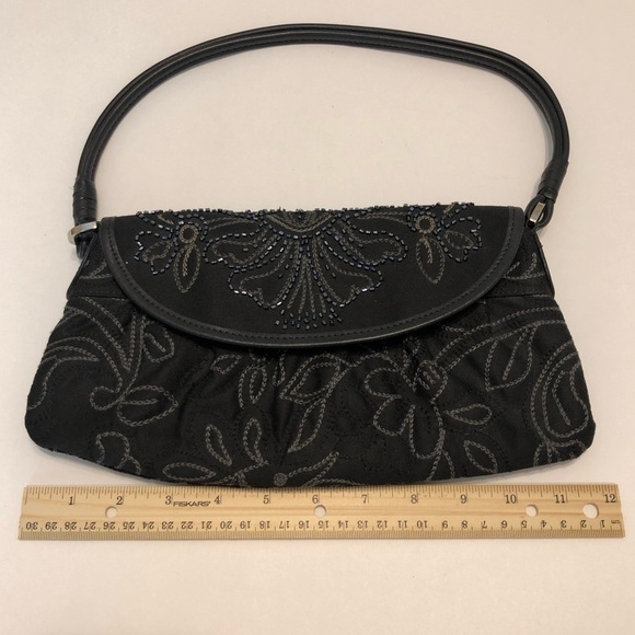 TALBOTS Black Bag With Cream Needlpoint and Adorned with Beautiful Blue Beeding - Picture 5 of 12